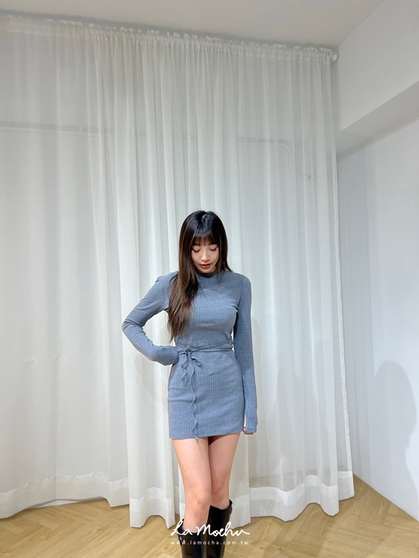 綁帶美背坑條短洋裝